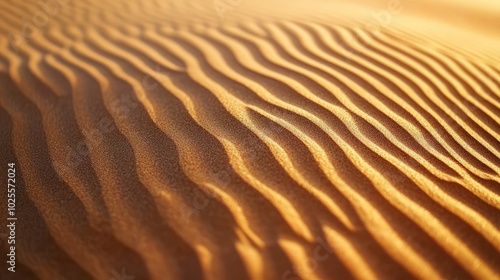 A close-up of wind-carved ripples in desert sand, with fine grains creating intricate patterns and textures under the sunlight