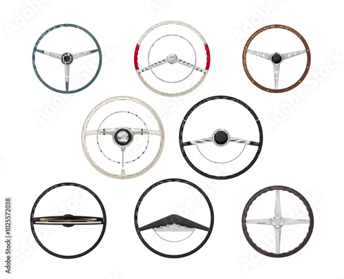 Retro car steering wheel automobile control classic equipment set realistic vector illustration