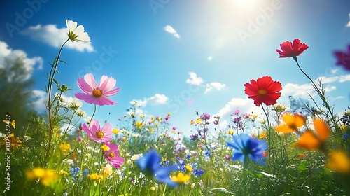 Colorful Wildflowers Bloom Under Sunny Sky