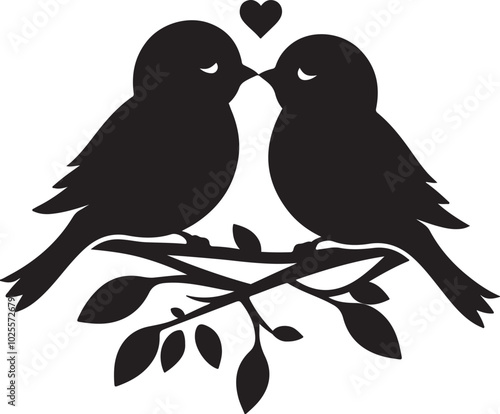 Photography two love birds sitting on a branch of tree silhouette vector art illustration