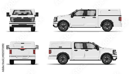 Pickup truck with closed body white lorry transportation front back side view realistic vector