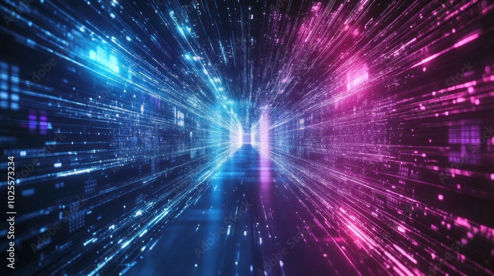 A vibrant digital tunnel of light, depicting motion and energy in a futuristic setting. A vibrant digital tunnel of light, depicting motion and energy in a futuristic setting.