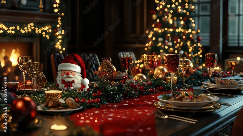 Holiday dining room mockup with Santa Claus themed table runner, surrounded by festive decor. Holiday dining room mockup with Santa Claus themed table runner, surrounded by festive decor.