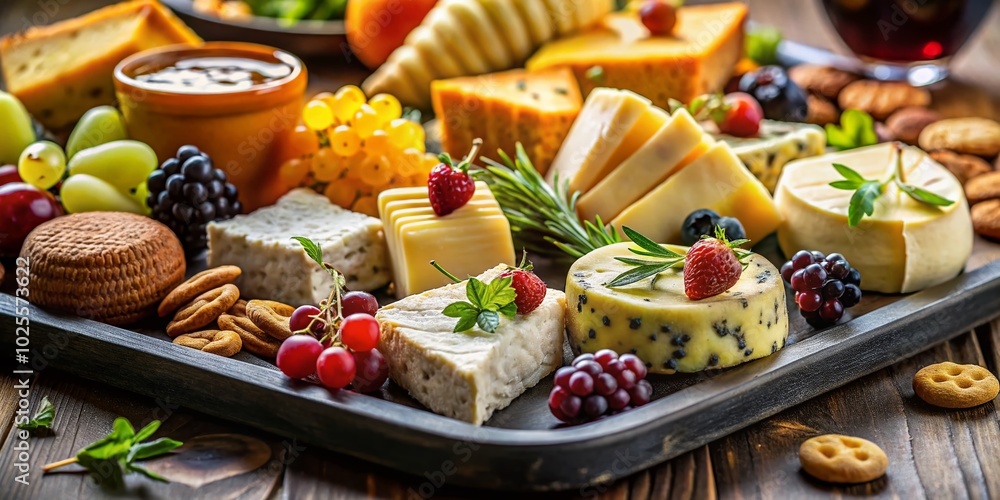 Exquisite Cheese Tray with Crackers, Fruit, and Organic Honey - A Gourmet Delight Exquisite Cheese Tray with Crackers, Fruit, and Organic Honey - A Gourmet Delight