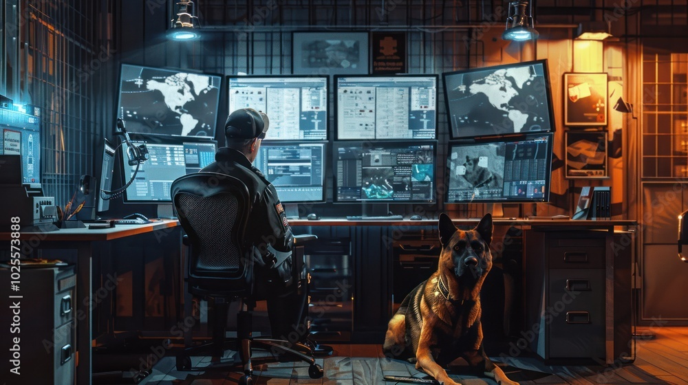A Man Sitting at a Desk with Multiple Monitors, a Dog, and a Filing Cabinet A Man Sitting at a Desk with Multiple Monitors, a Dog, and a Filing Cabinet