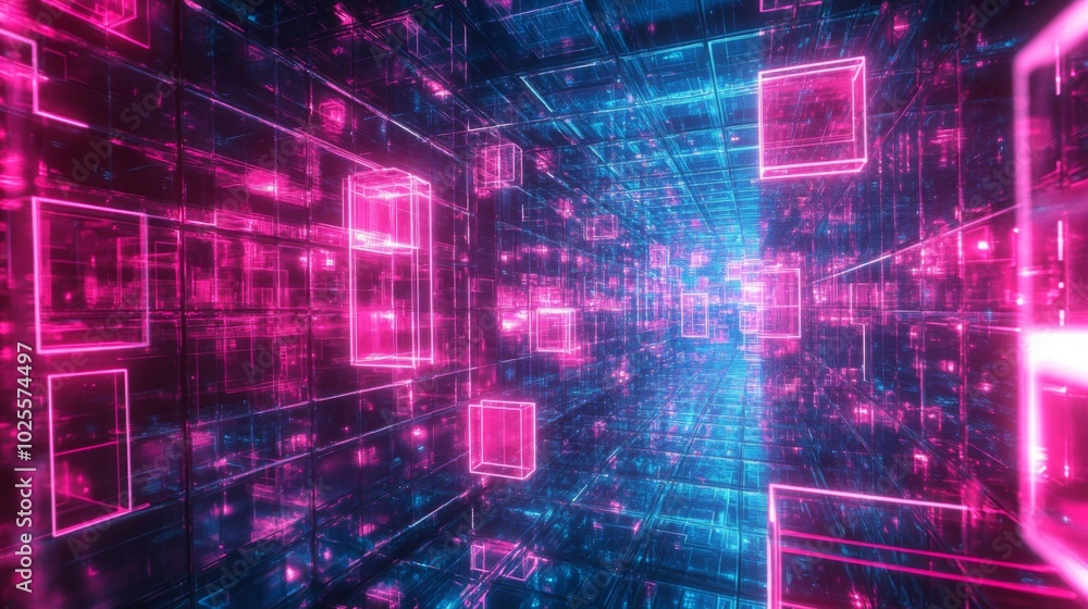 Abstract digital tunnel with glowing pink and blue neon cubes. Abstract digital tunnel with glowing pink and blue neon cubes.