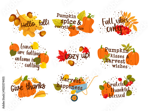 Fall season stickers with pumpkin and falling dry leaves design template set vector flat