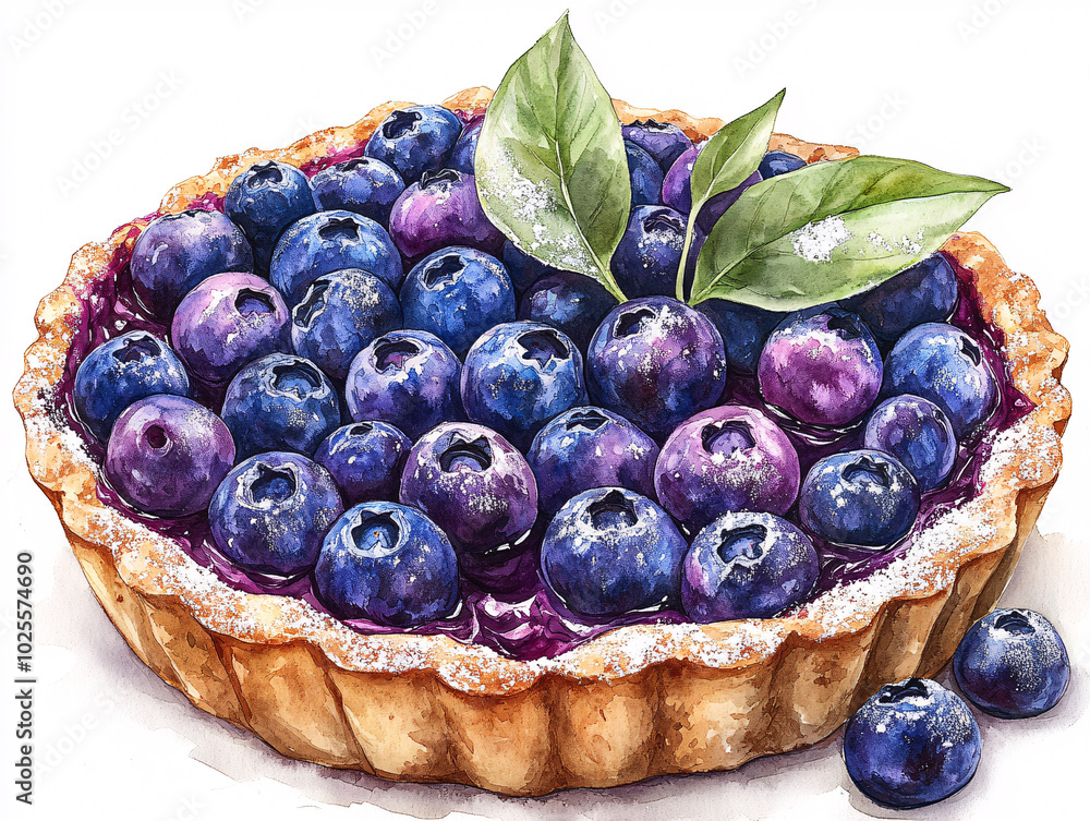 a blueberry pie with a blueberry leaf on top, placed on a table with a few scattered blueberries around.