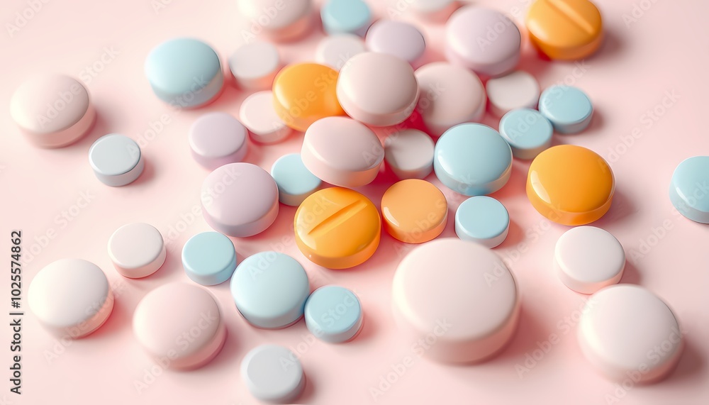 Colorful pills scattered on pink background. Colorful pills scattered on pink background.