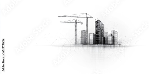 line art of crane and construction site in black color on white background