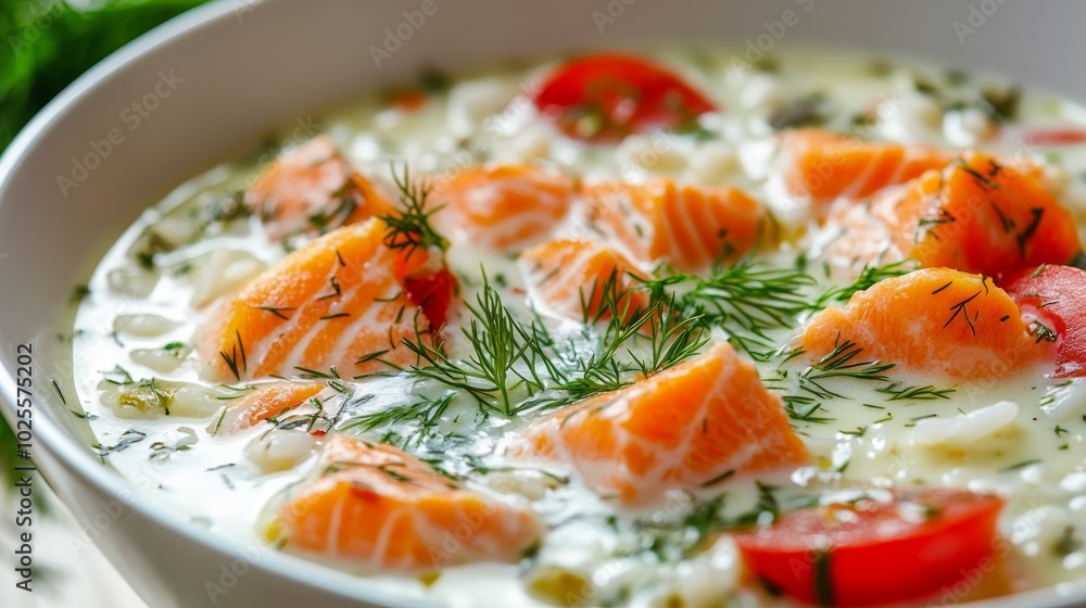 Close-up of a creamy salmon and rice soup with dill garnish. Close-up of a creamy salmon and rice soup with dill garnish.
