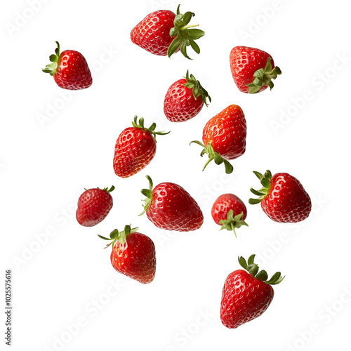 Fresh strawberries in mid-air against a light background create a vibrant display of fruit