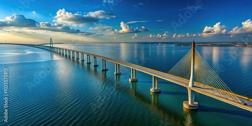 Drone panoramic view of Sunshine Skyway Bridge over Tampa Bay at a tilted angle