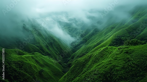 Lush Green Mountains Cloaked in Mist