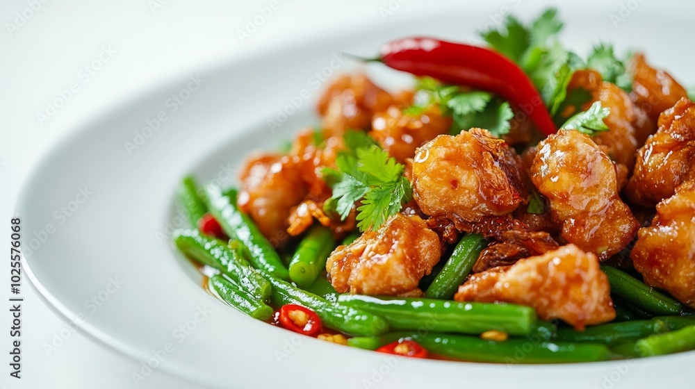 Close-up of a plate of stir-fried chicken with green beans, red chili peppers, and cilantro. Close-up of a plate of stir-fried chicken with green beans, red chili peppers, and cilantro.