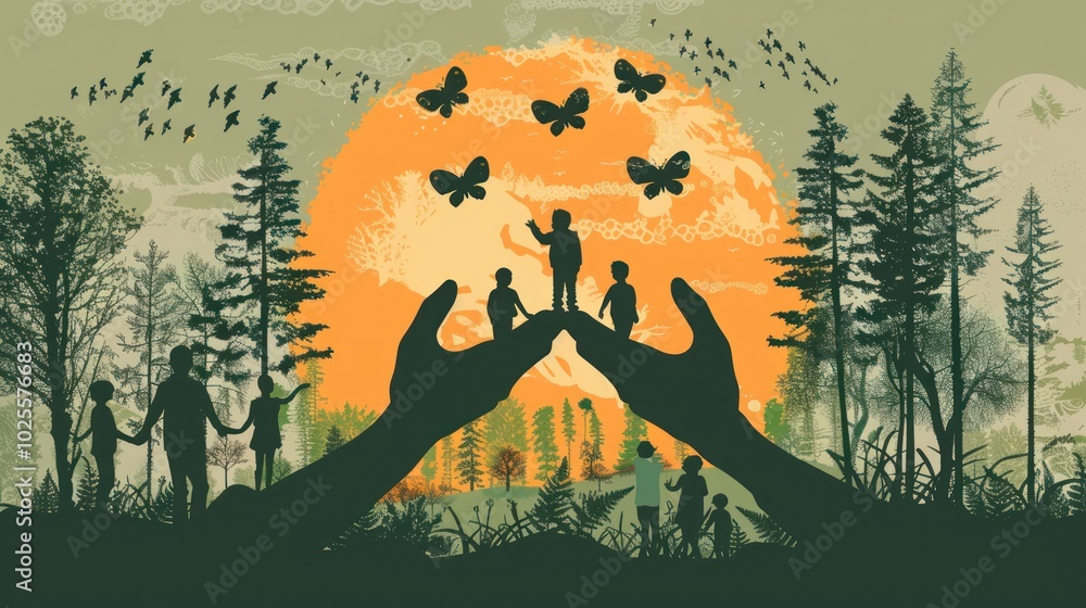 Fototapeta premium Silhouettes of People and Butterflies in a Forest Setting with a Large Orange Circle in the Background