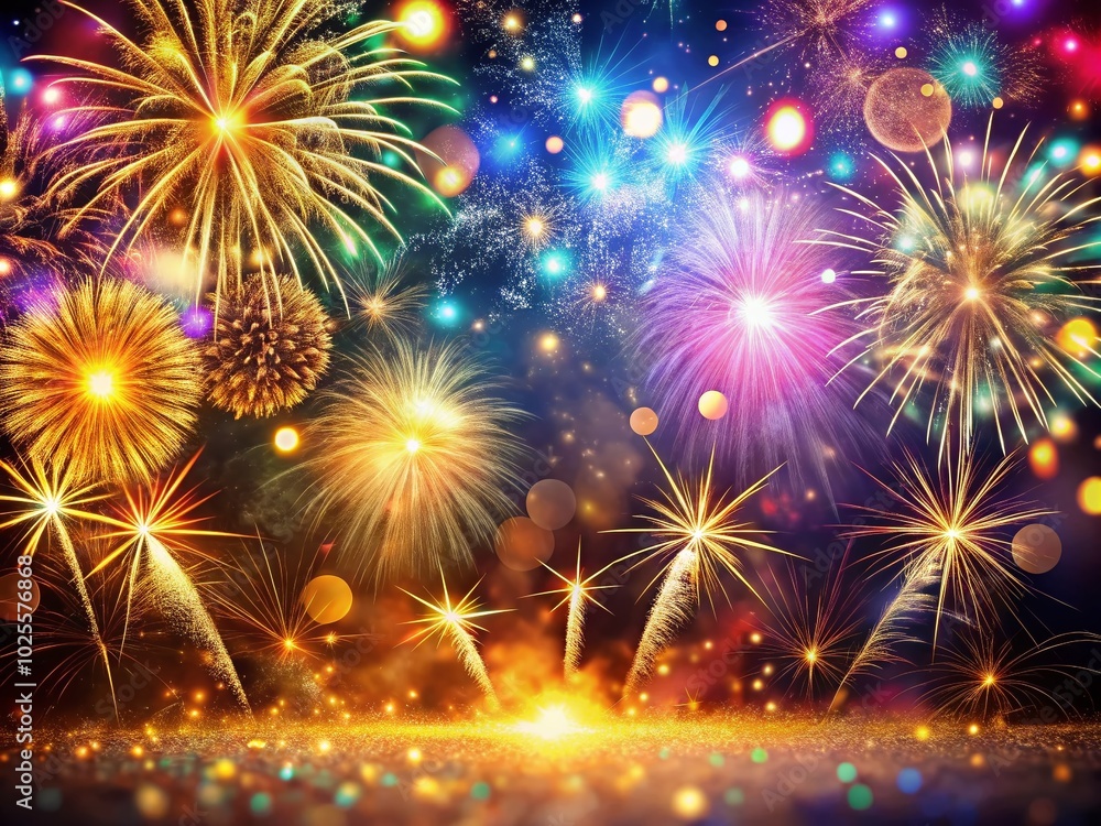 Fototapeta premium Festive New Year's Background with Sparkling Decorations and Fireworks for Celebrations and Party Invitations