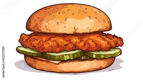 Cartoon illustration of a fried chicken sandwich with pickles and cheese on a sesame seed bun.