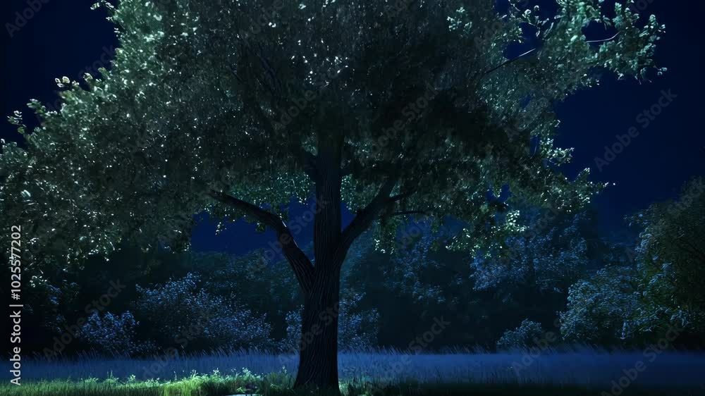 A large tree stands tall in a field at night, illuminated by moonlight A large tree stands tall in a field at night, illuminated by moonlight