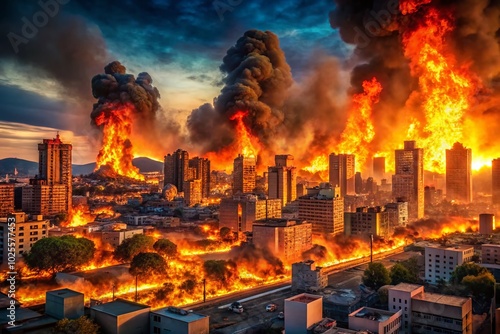 Fiery Inferno in a Deserted Urban Landscape: Flames Engulfing Buildings and Streets in a Dramatic Burning City Scene