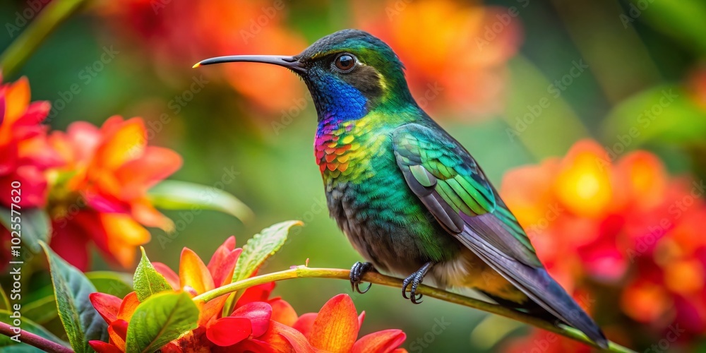 Fiery Throated Hummingbird Captured in Stunning Detail Amidst Tropical Flowers and Lush Greenery in Nature's Paradise Fiery Throated Hummingbird Captured in Stunning Detail Amidst Tropical Flowers and Lush Greenery in Nature's Paradise