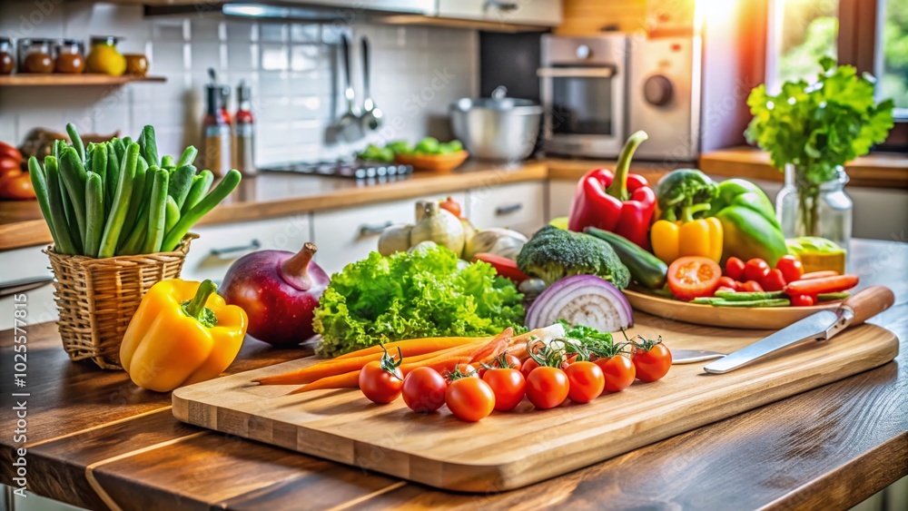 First Cut of Fresh Vegetables on a Wooden Cutting Board for Healthy Cooking and Meal Preparation in a First Cut of Fresh Vegetables on a Wooden Cutting Board for Healthy Cooking and Meal Preparation in a