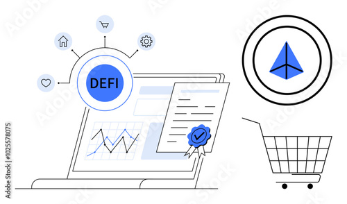 Laptop with financial charts DEFI text surrounded by symbols certificate with ribbon shopping cart and triangle icon. Ideal for digital finance fintech decentralized finance e-commerce and technology