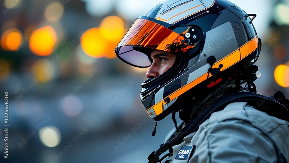 A person wearing a futuristic helmet with an orange visor, standing against a blurred background of city lights A person wearing a futuristic helmet with an orange visor, standing against a blurred background of city lights