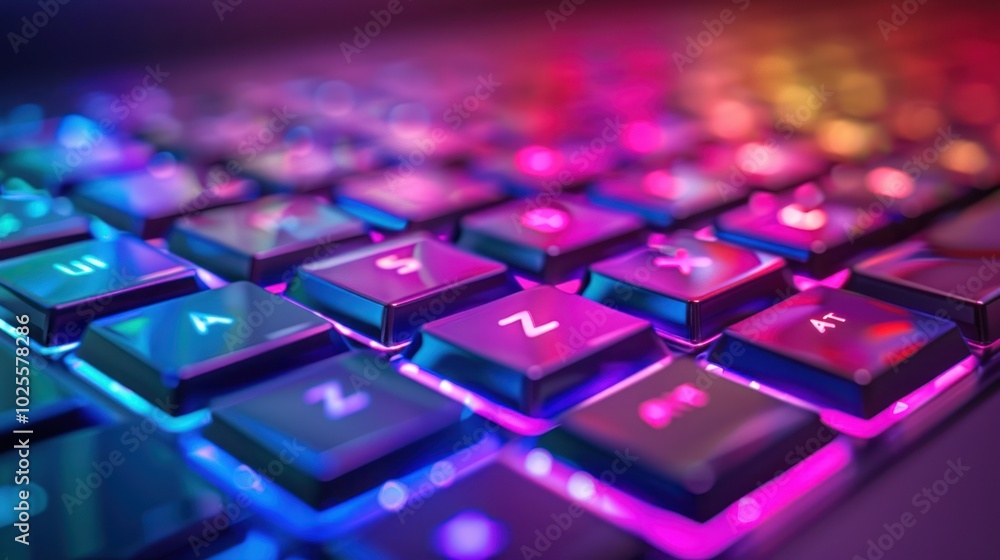 Close-up of a Black Keyboard with Neon Pink and Blue Backlighting Close-up of a Black Keyboard with Neon Pink and Blue Backlighting