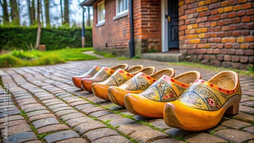Dutch wooden clogs on stone floor in tilted angle