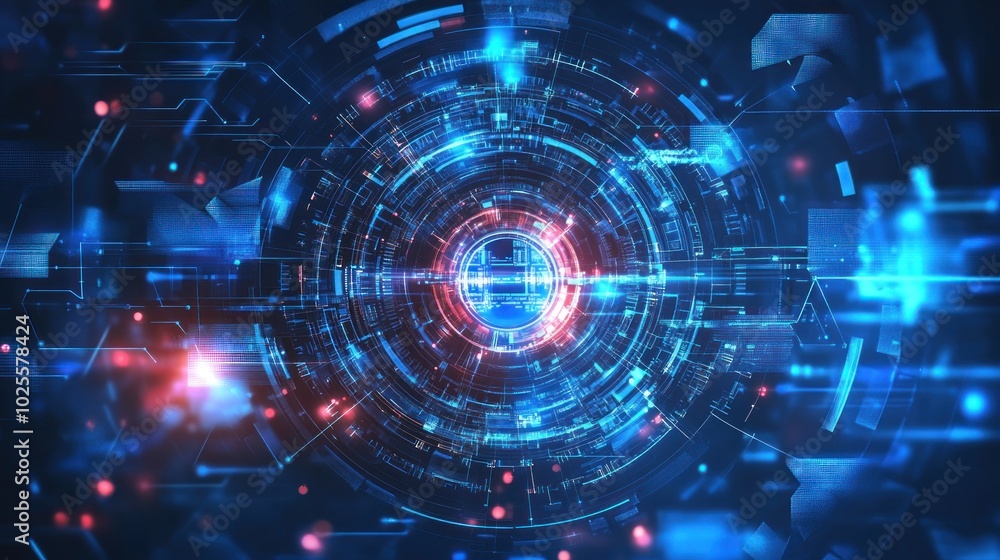 Abstract digital design featuring concentric circles and glowing elements in blue and red. Abstract digital design featuring concentric circles and glowing elements in blue and red.