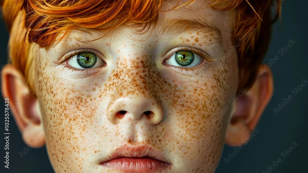A young boy with red hair and freckles stares intently at the camera A young boy with red hair and freckles stares intently at the camera