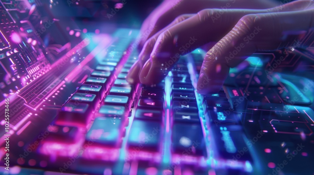 Closeup of Hands Typing on a Glowing Keyboard Closeup of Hands Typing on a Glowing Keyboard