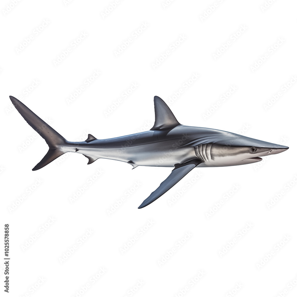 Naklejka premium A realistic depiction of a grey shark swimming in clear ocean water during the day