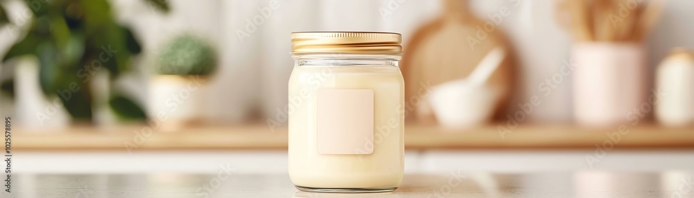 A clean glass jar filled with creamy substance, placed on a stylish kitchen countertop with a soft focus background. A clean glass jar filled with creamy substance, placed on a stylish kitchen countertop with a soft focus background.