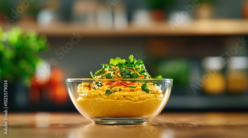 Delicious hummus topped with fresh herbs in a glass bowl, ready to enjoy. photo