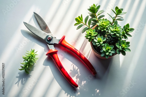 Close-Up of Garden Scissors and Potted Succulent Plant photo