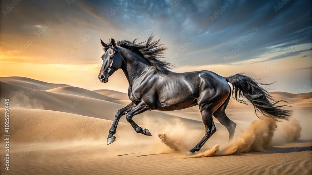 Dynamic black horse galloping through desert sands Dynamic black horse galloping through desert sands