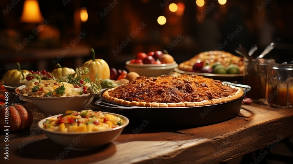 Festive Thanksgiving Dinner Turkey, Green Beans, Mashed Potatoes, and Holiday Pies Festive Thanksgiving Dinner Turkey, Green Beans, Mashed Potatoes, and Holiday Pies