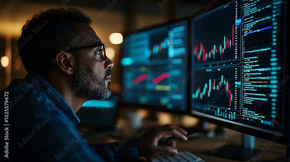 Professional man working on multiple monitors analyzing data at night. Professional man working on multiple monitors analyzing data at night.
