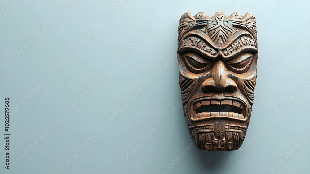 Detailed tiki idol mask with intricate carvings and fierce expression Detailed tiki idol mask with intricate carvings and fierce expression
