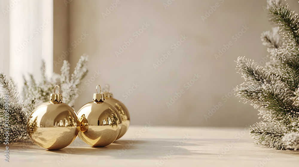 © The Origin 33 - Golden metallic baubles on neutral surface with festive greenery © The Origin 33 - Golden metallic baubles on neutral surface with festive greenery