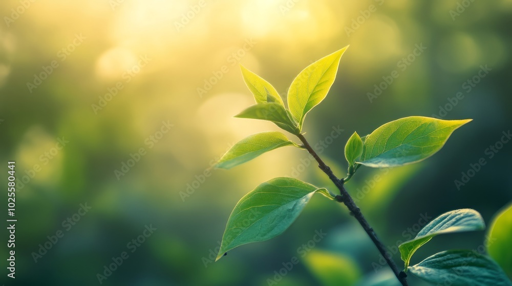Close-up of vibrant green leaves on a branch against a soft, blurred background with warm sunlight filtering through. Close-up of vibrant green leaves on a branch against a soft, blurred background with warm sunlight filtering through.
