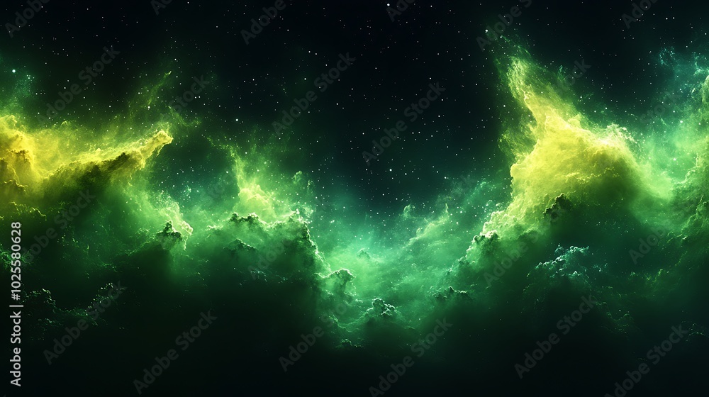 Obraz premium A vibrant green and yellow nebula with a scattering of stars against a dark background.