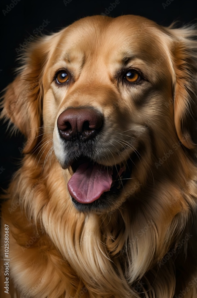 Friendly golden retriever dog portrait with a joyful expression against a dark background copy space