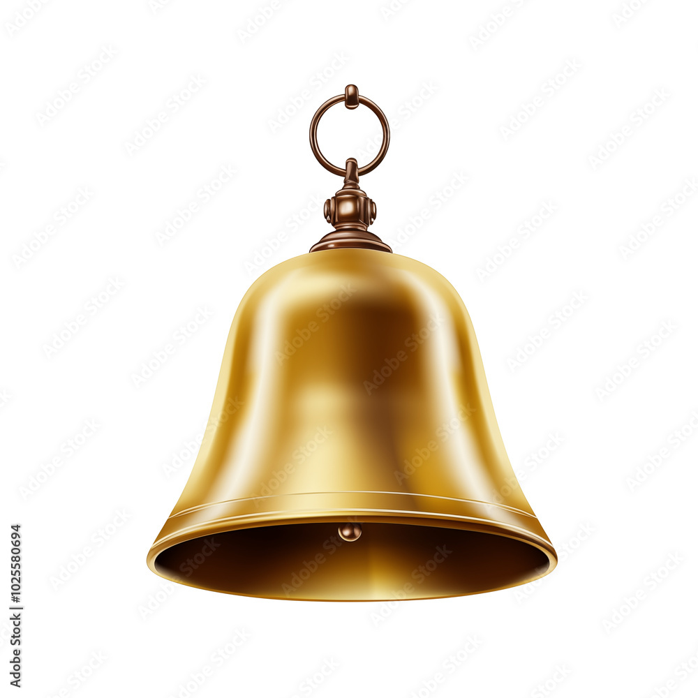 A shiny bronze bell hanging against a plain background, reflecting warm light in a serene setting A shiny bronze bell hanging against a plain background, reflecting warm light in a serene setting