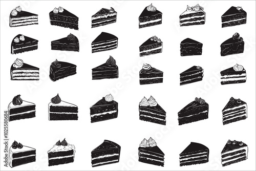 Set of cake slice silhouettes vector.  Set of cake slice silhouettes for sweet treats. Stylish set of cake slice silhouettes vector illustrations. Cake slice silhouettes vector for dessert designs