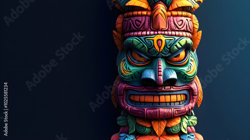 Colorful tiki sculpture with intricate details and vibrant colors