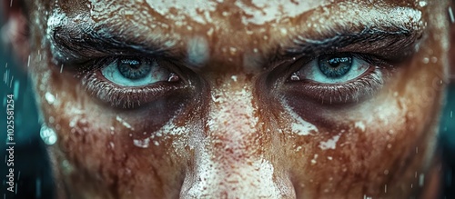 Close-up of a determined man with water dripping from his face and intense blue eyes.