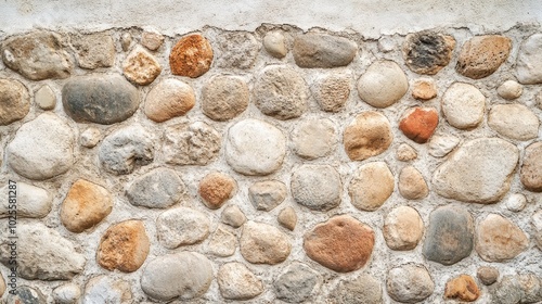 Close-up view of a stone wall with a mix of rounded and irregular stones.  photo